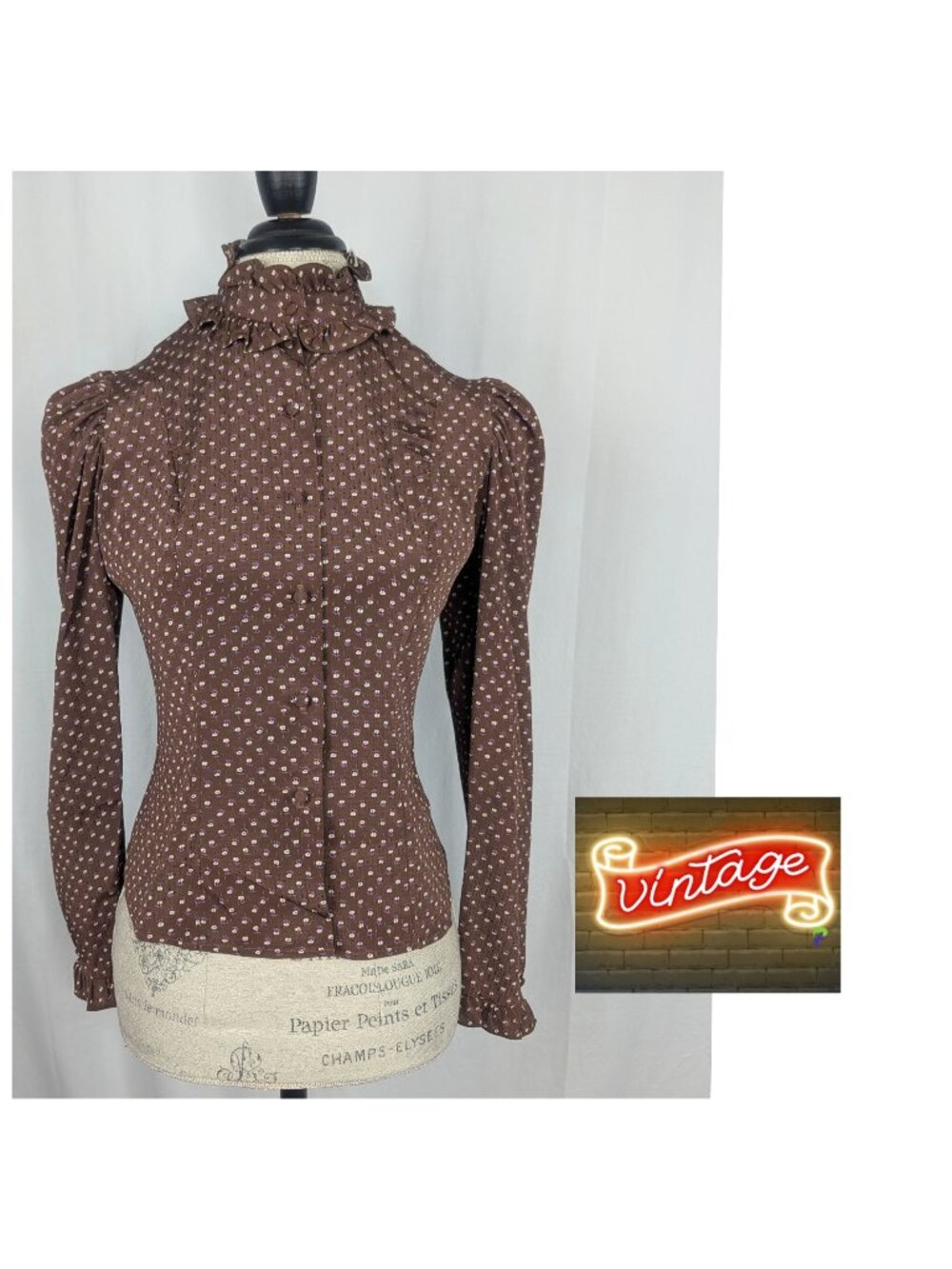 Vintage 80s Brown High Neck Blouse Small Ruffle Notches
